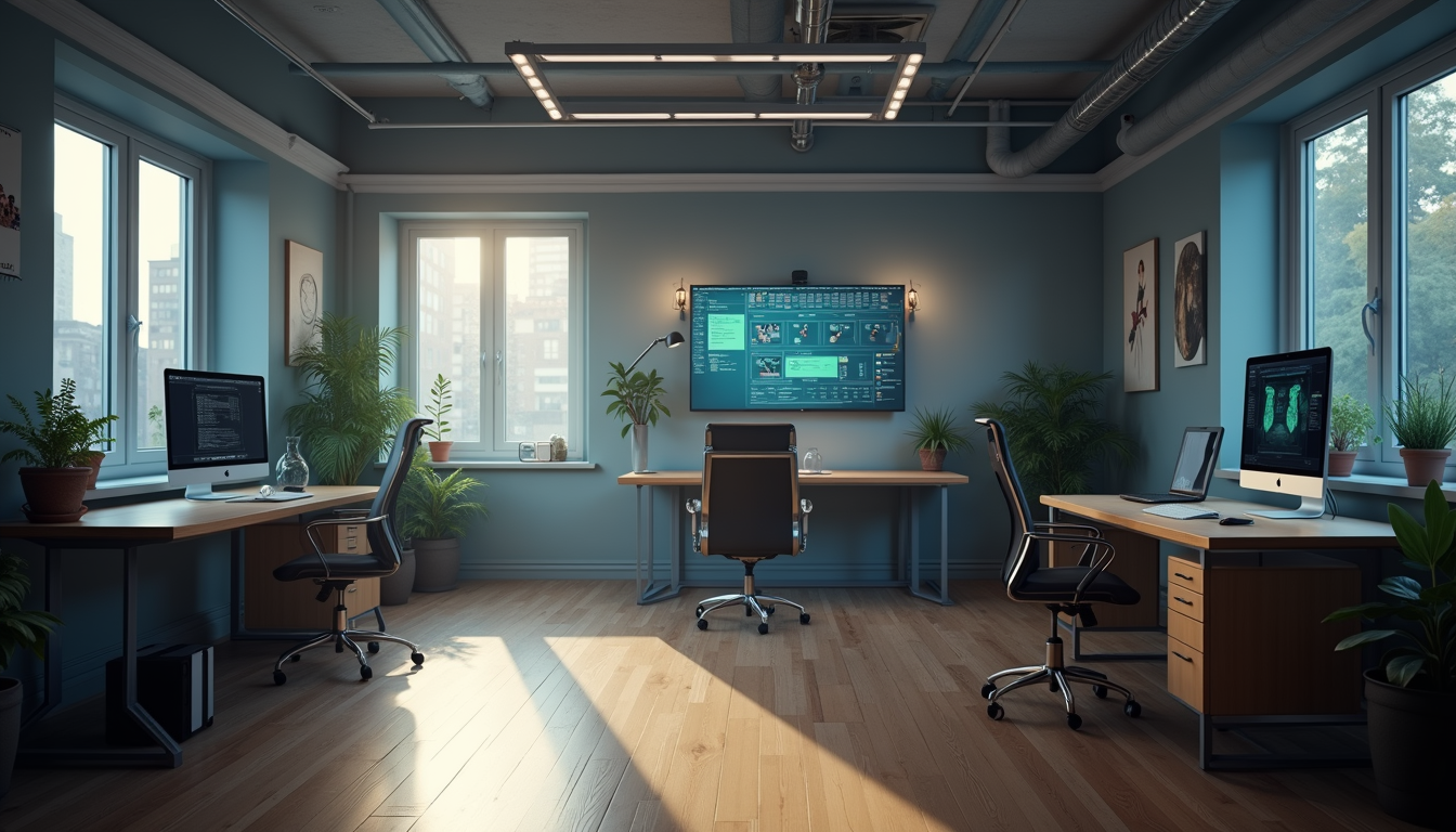 High angle view of a motion graphics studio with AI tools