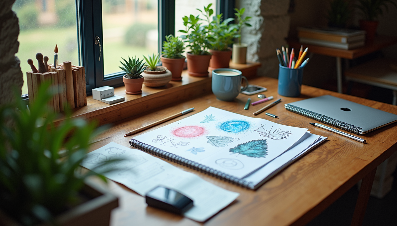 High angle view of a vibrant workspace filled with design tools