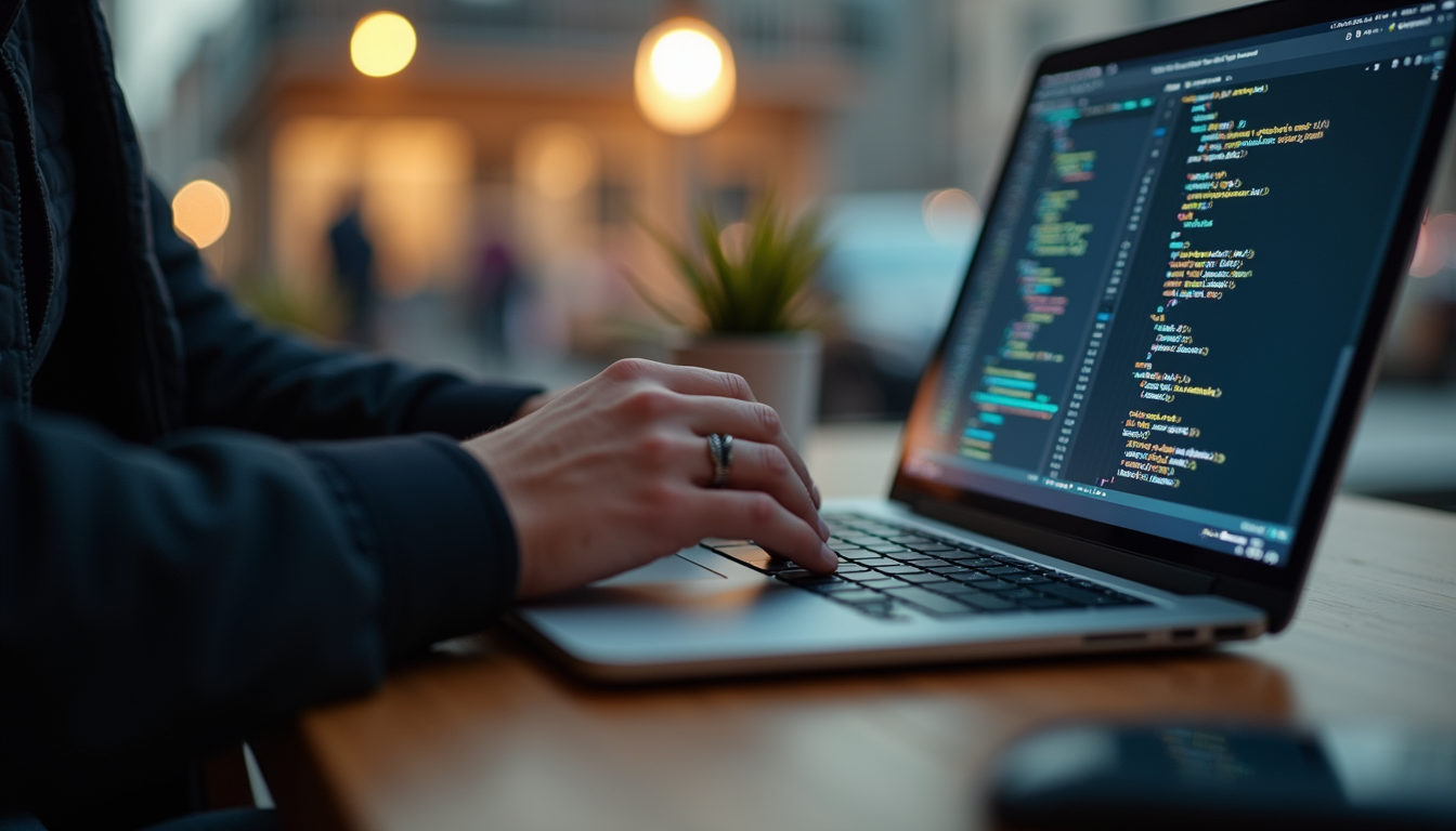 Close-up view of a developer coding a website on a laptop