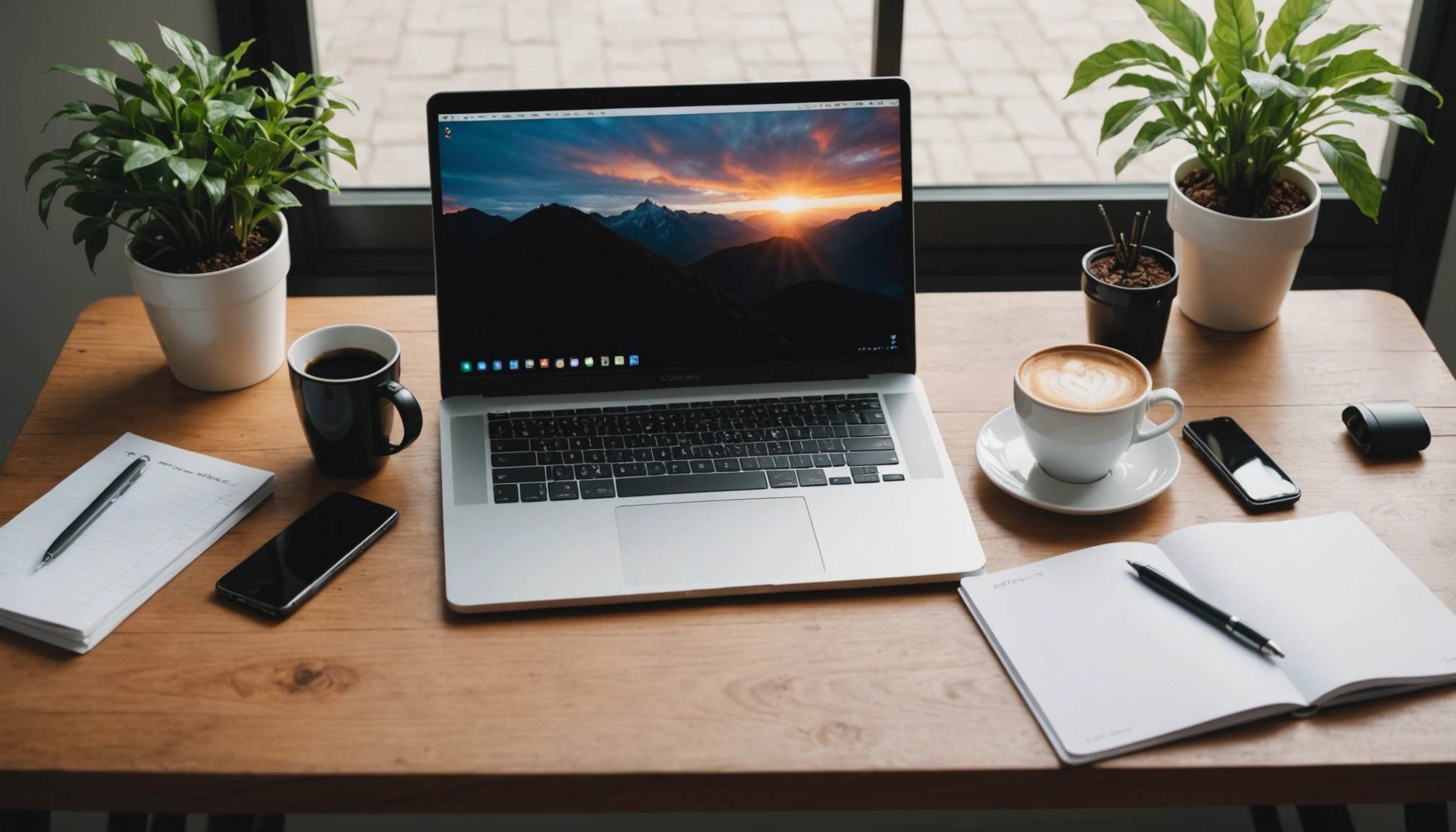 High angle view of a clean workspace featuring a laptop and coffee