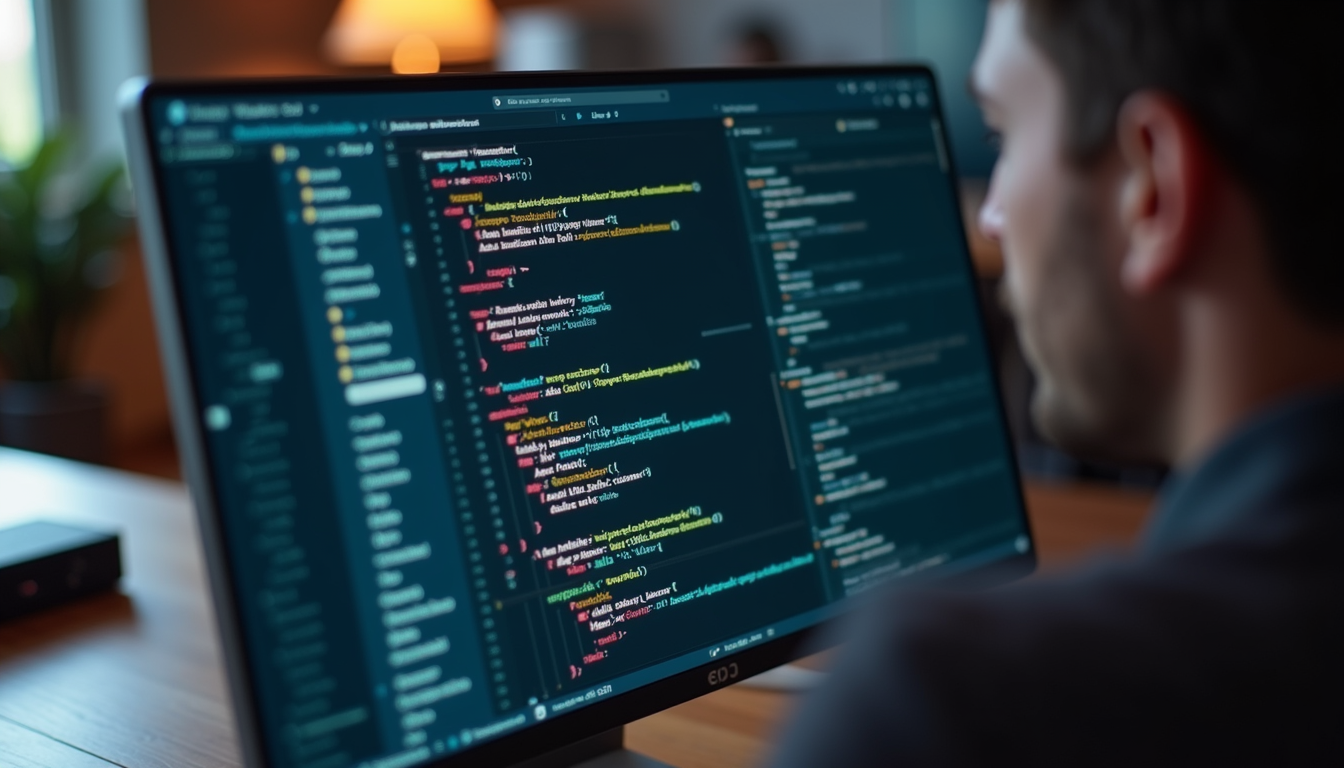 High angle view of a developer’s screen showing code and website preview