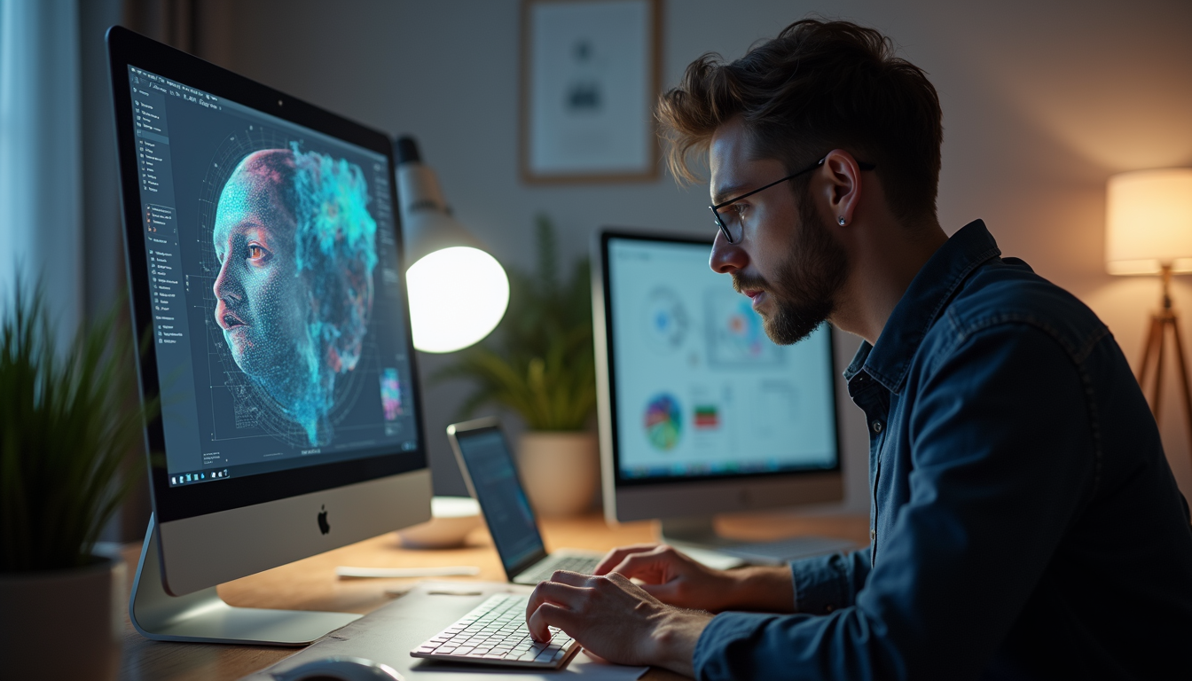 Eye-level view of a designer creating a prototype on a computer