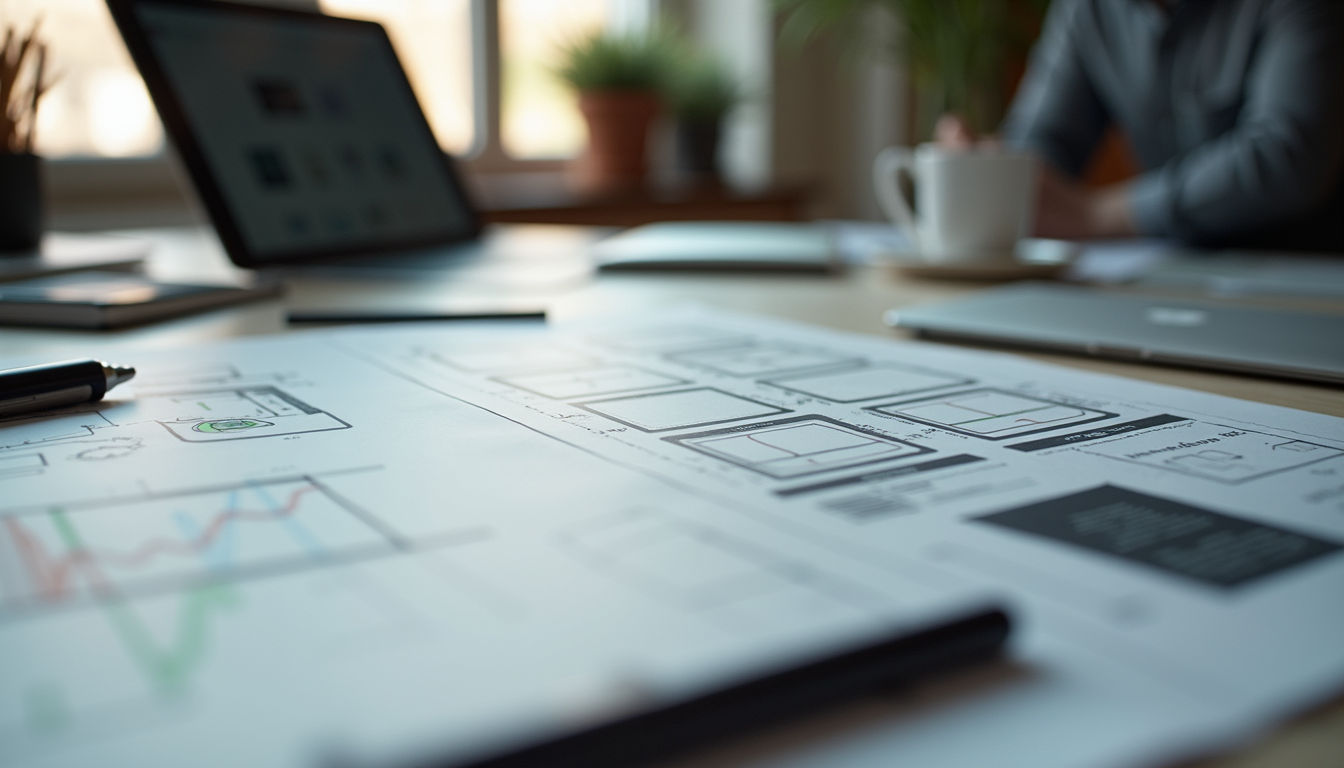 Close-up view of a designer’s desk with sketches and a tablet showing website wireframes