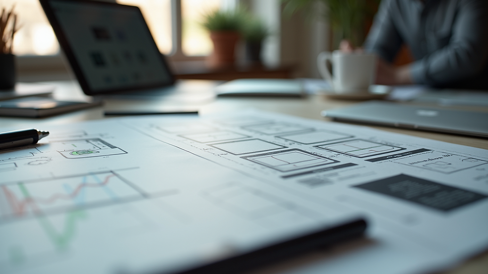 Close-up view of a designer’s desk with sketches and a tablet showing website wireframes