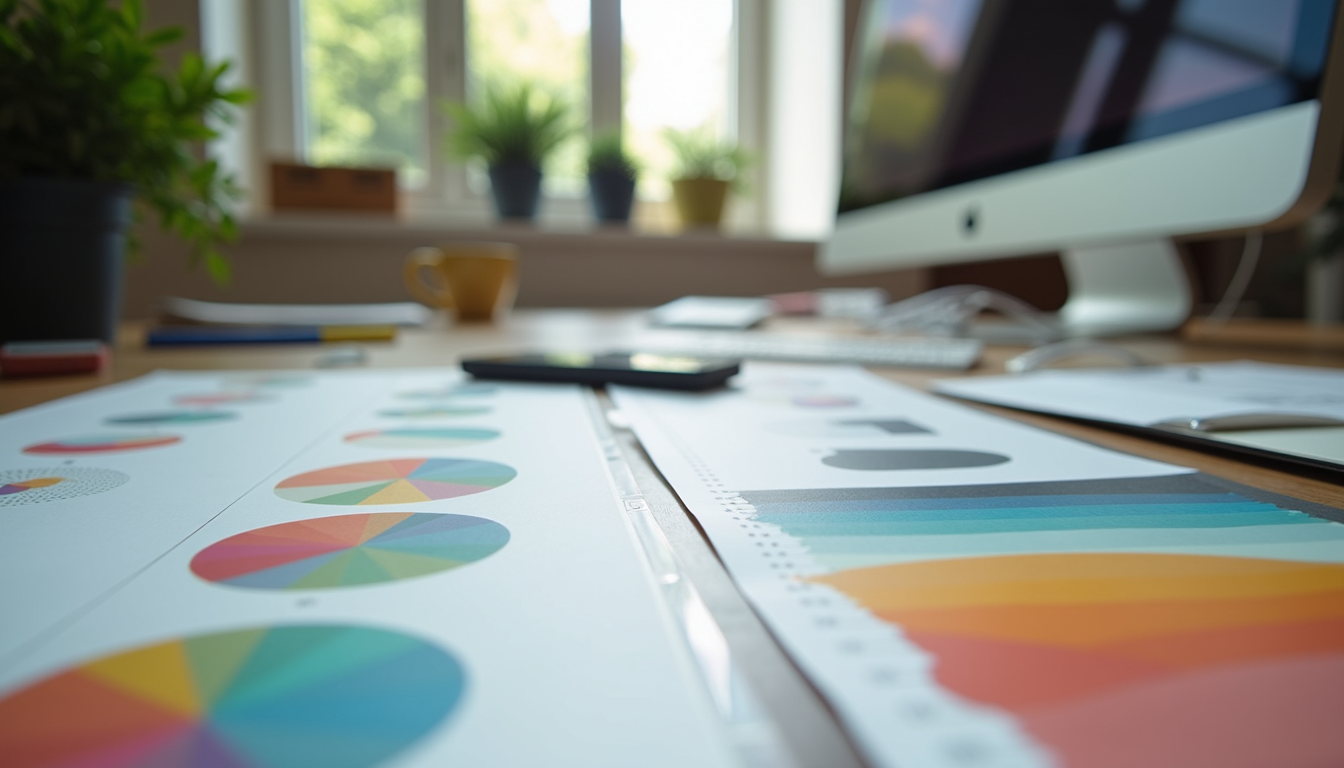 Eye-level view of a workspace with colorful design samples