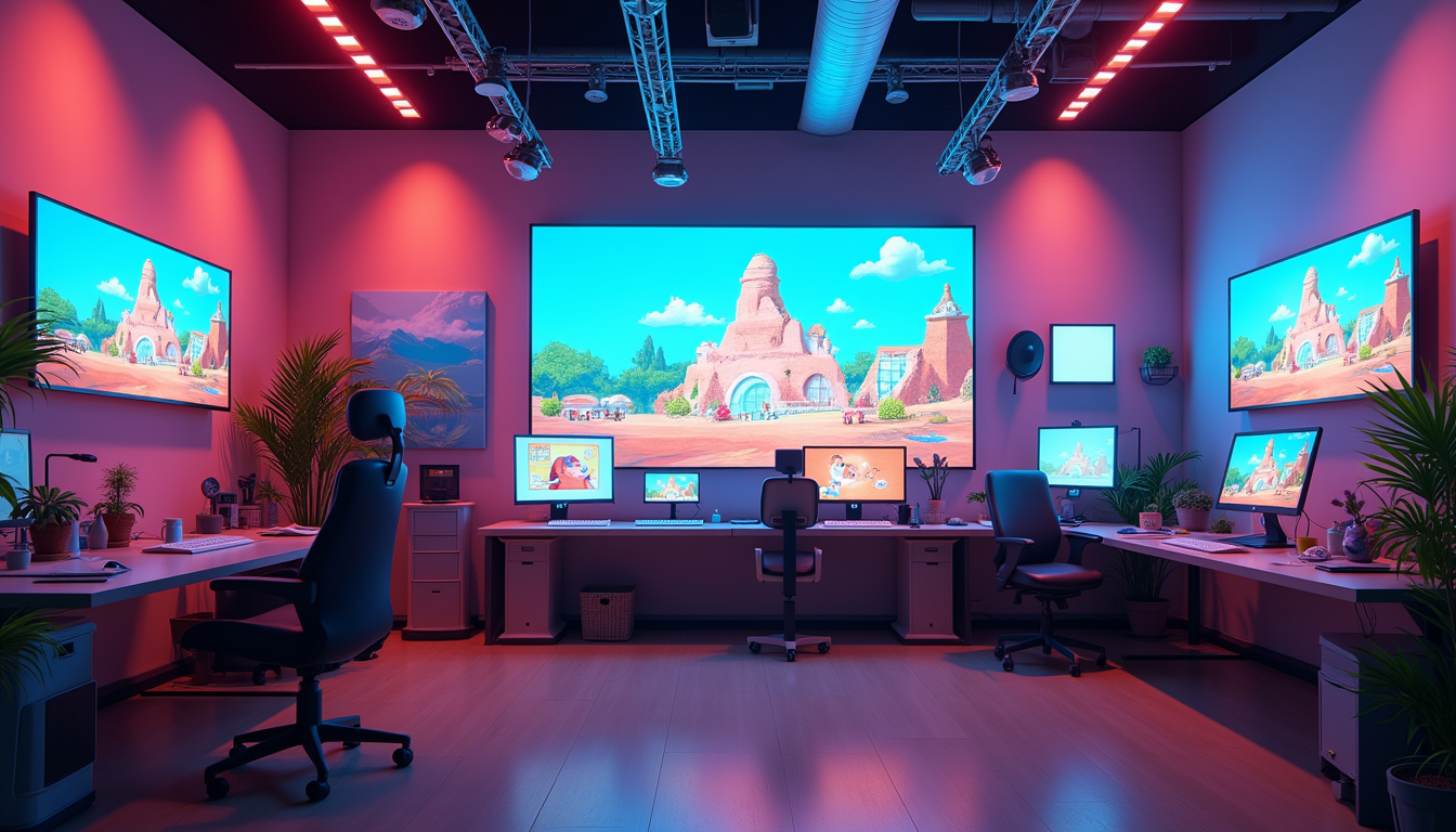 High angle view of a vibrant animation studio filled with digital screens