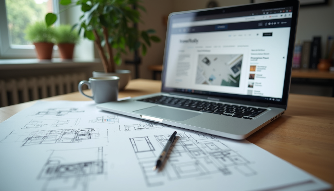 Close-up view of a designer’s desk with sketches and a laptop showing a website wireframe