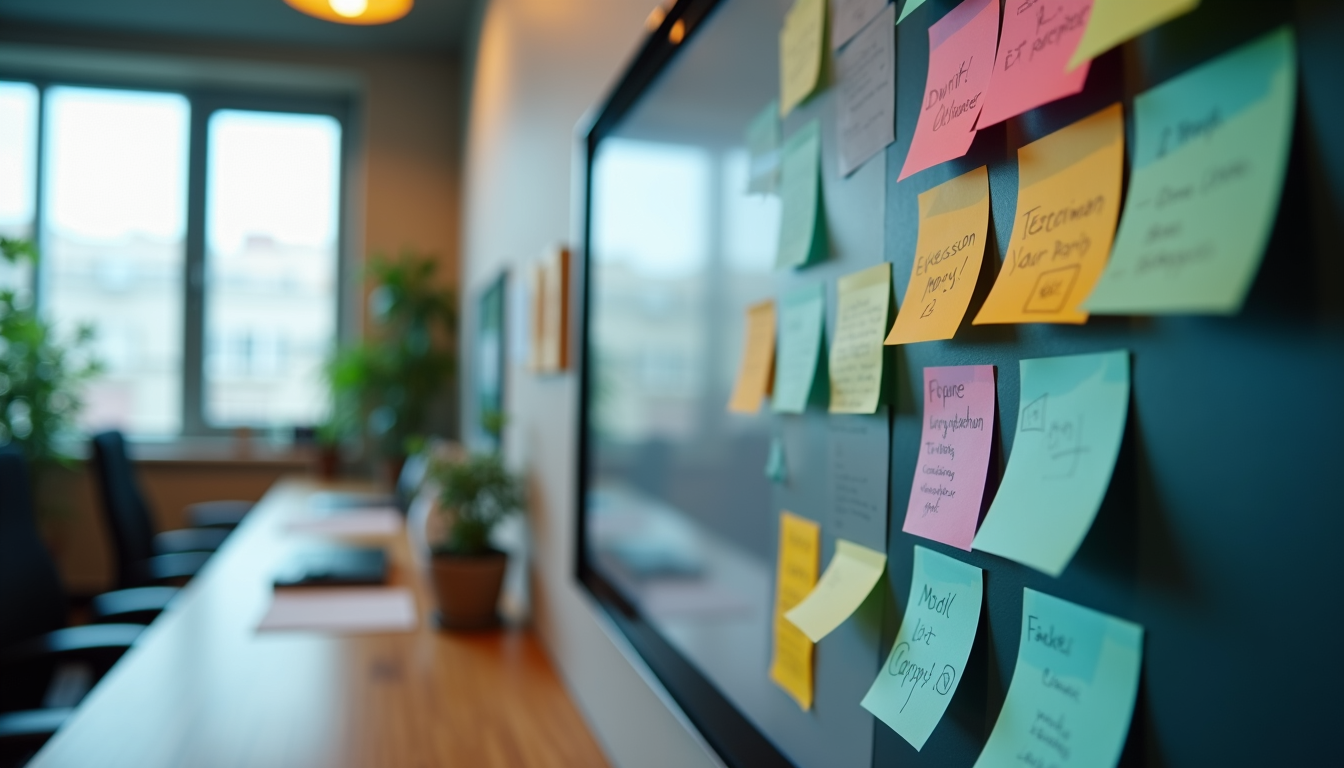 Wide angle view of a collaborative workspace with sticky notes and a large screen