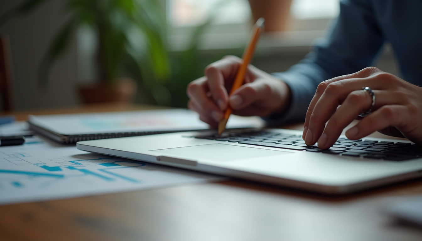 Close-up view of a desk with design tools and a laptop