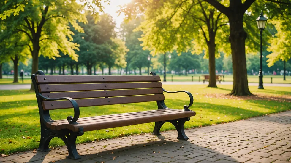 Eye-level view of a quiet park with a bench