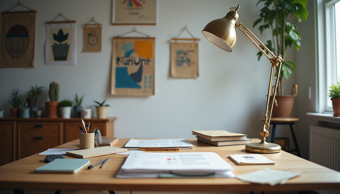 Eye-level view of a creative workspace with design posters and tools