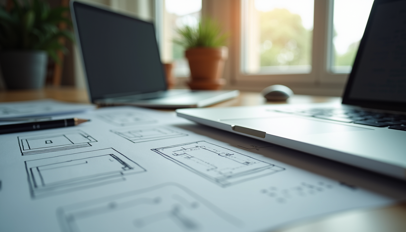 Close-up view of a designer’s desk with sketches and a laptop showing website wireframes