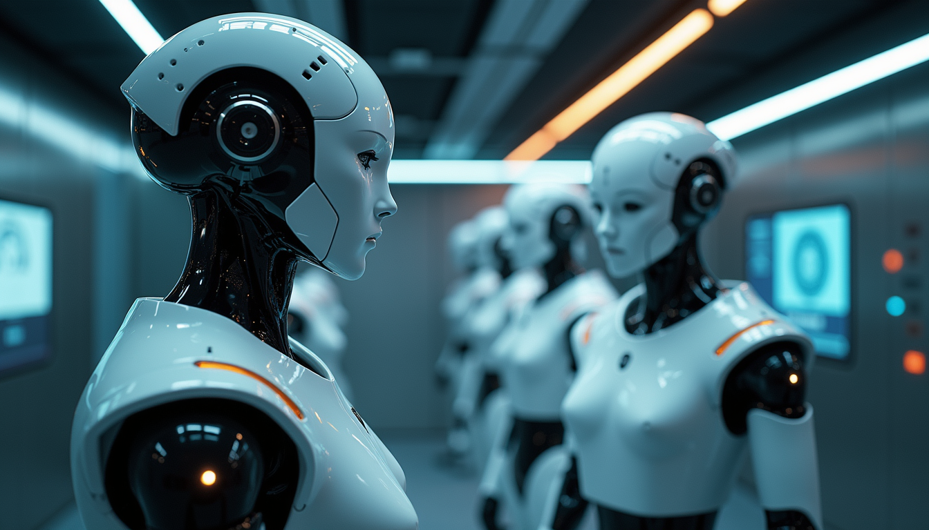 Wide angle view of a futuristic film set with advanced technology