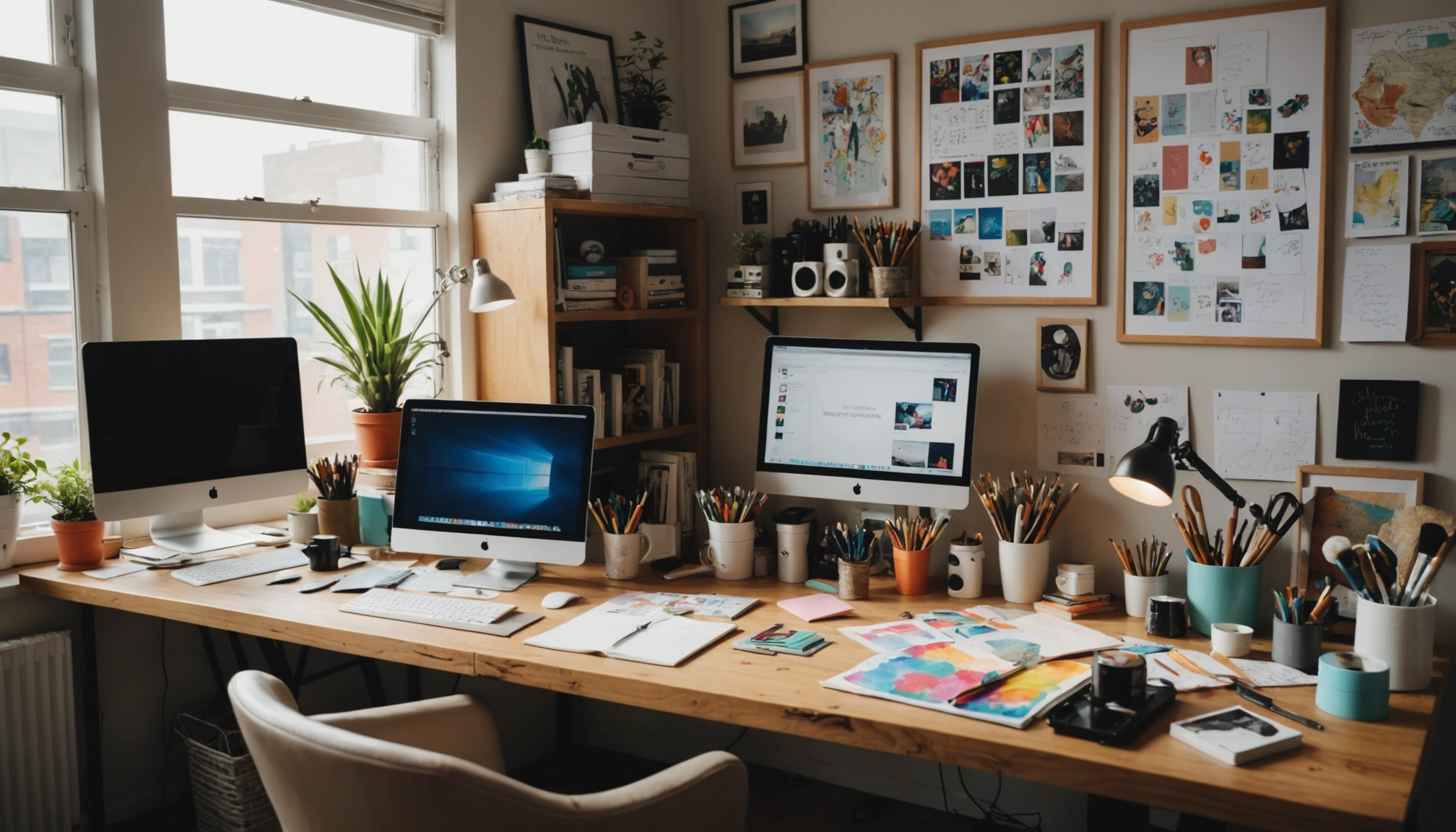 Wide-angle view of a creative workspace adorned with artistic supplies