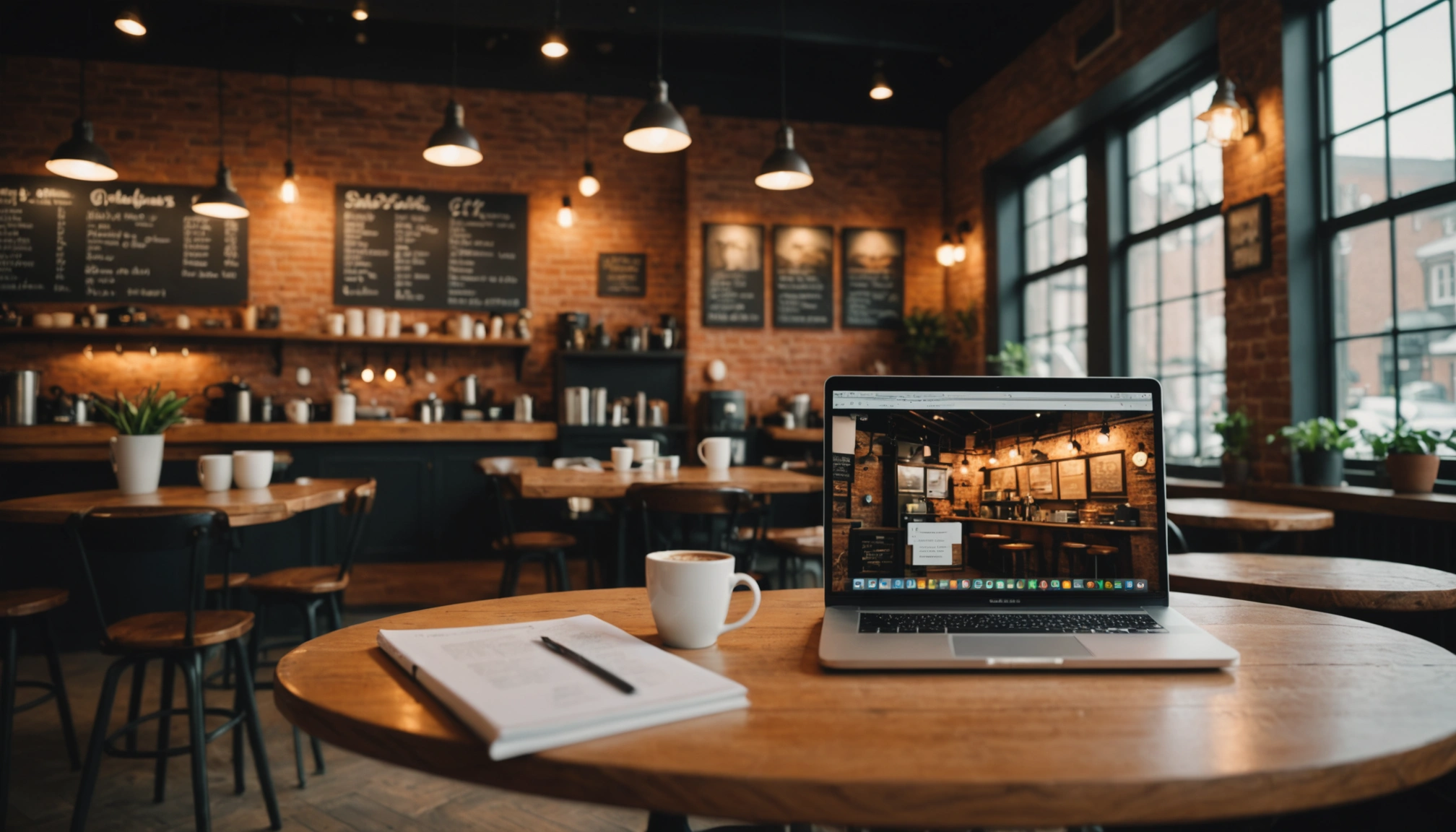 Eye-level view of a cozy coffee shop setting with a laptop