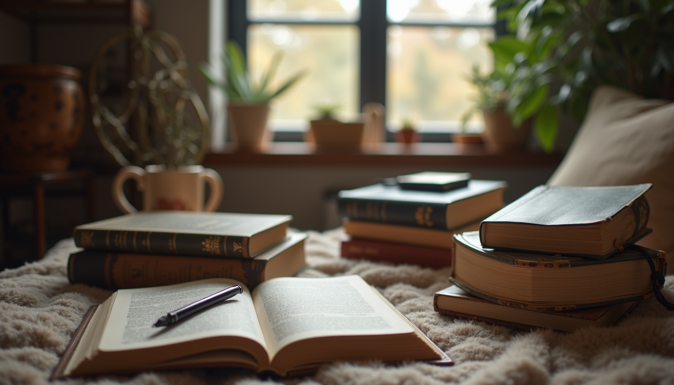 Eye-level view of a cozy reading nook filled with books and a notepad