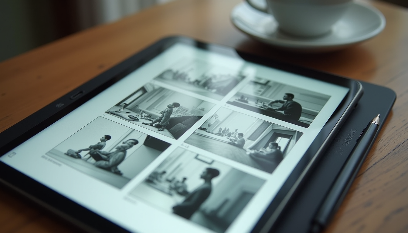 High angle view of a digital storyboard layout on a tablet