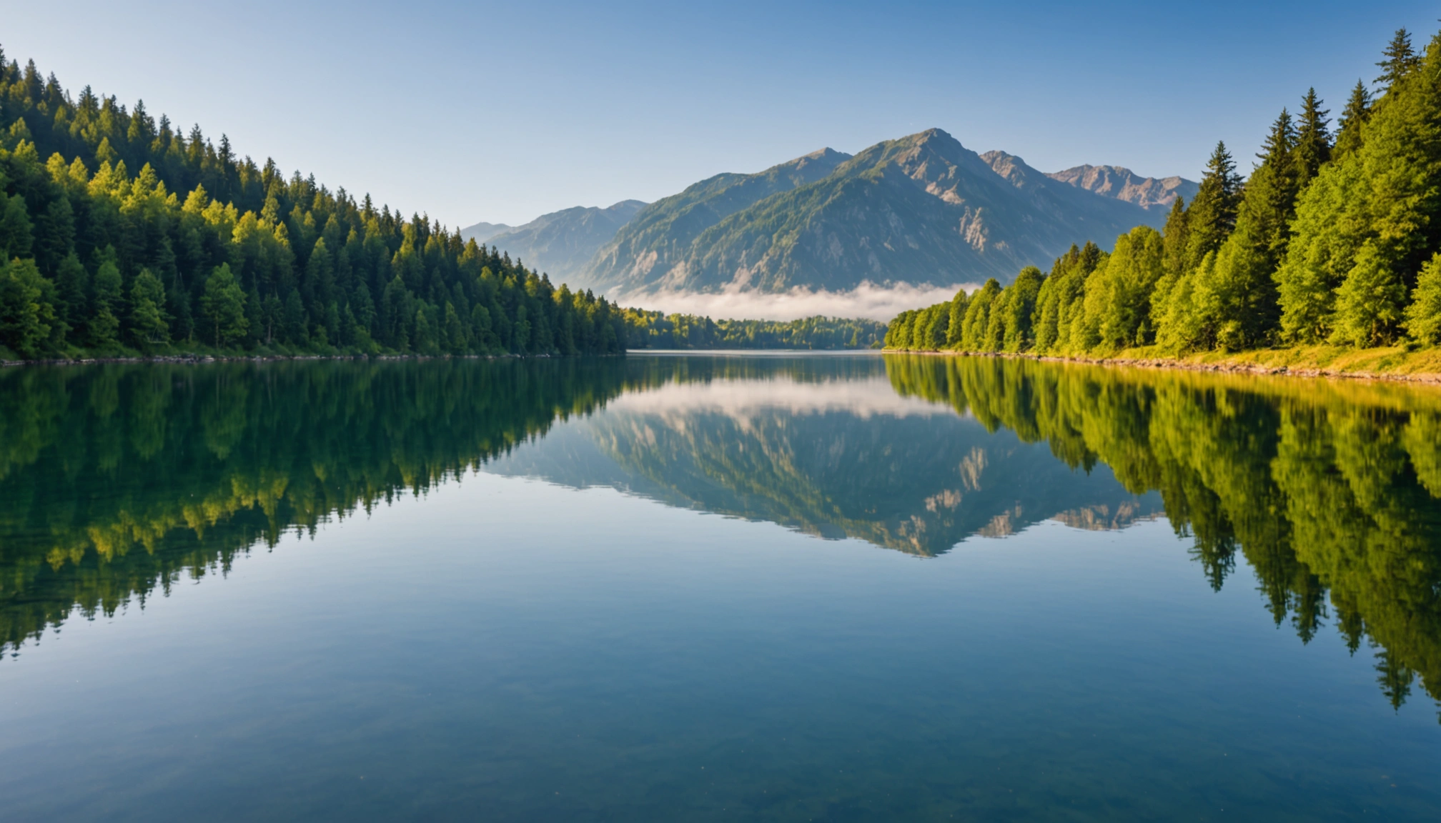 Eye-level view of a serene lakeside reflection