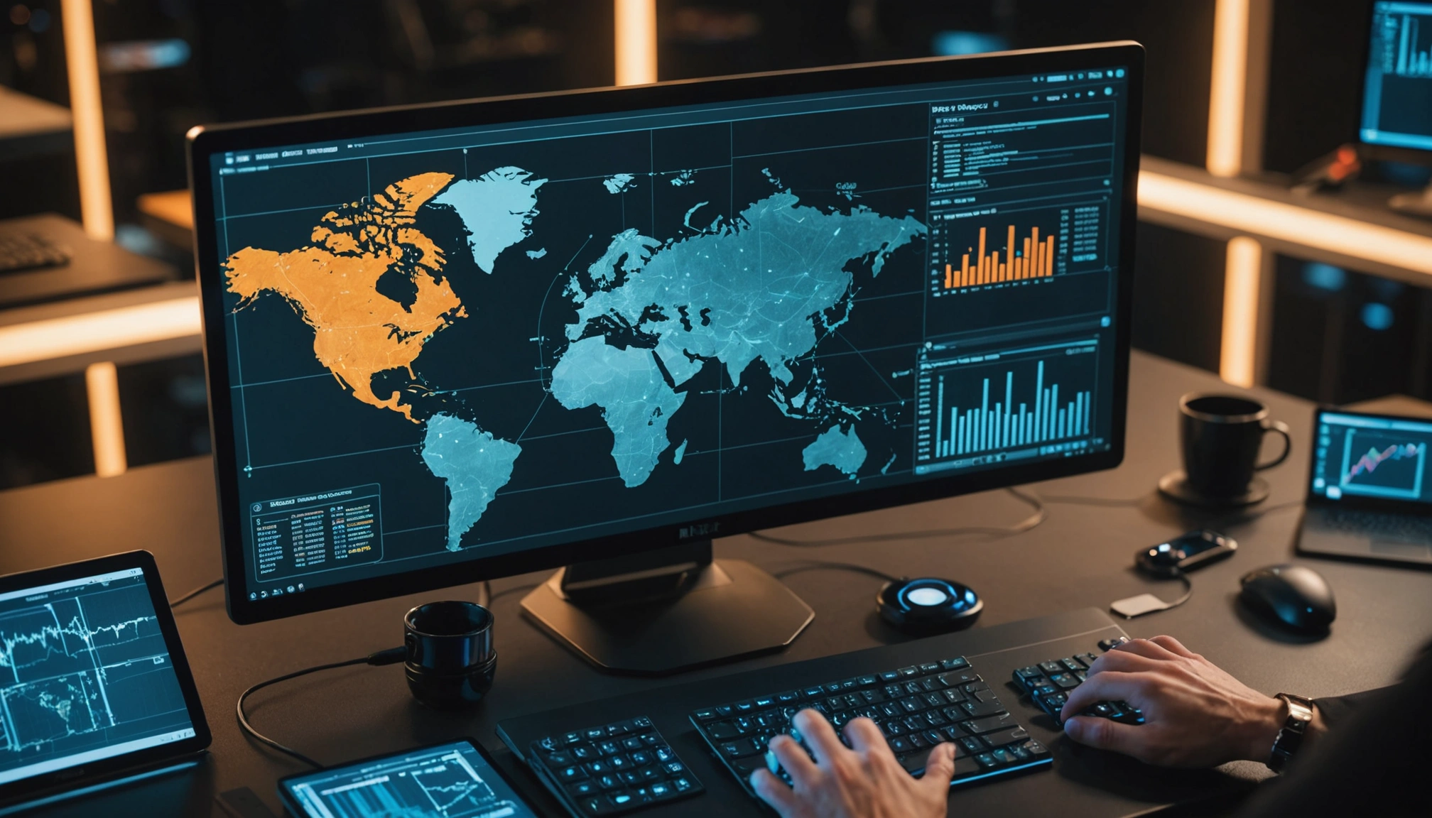 High-angle view of a cybersecurity interface with active monitoring