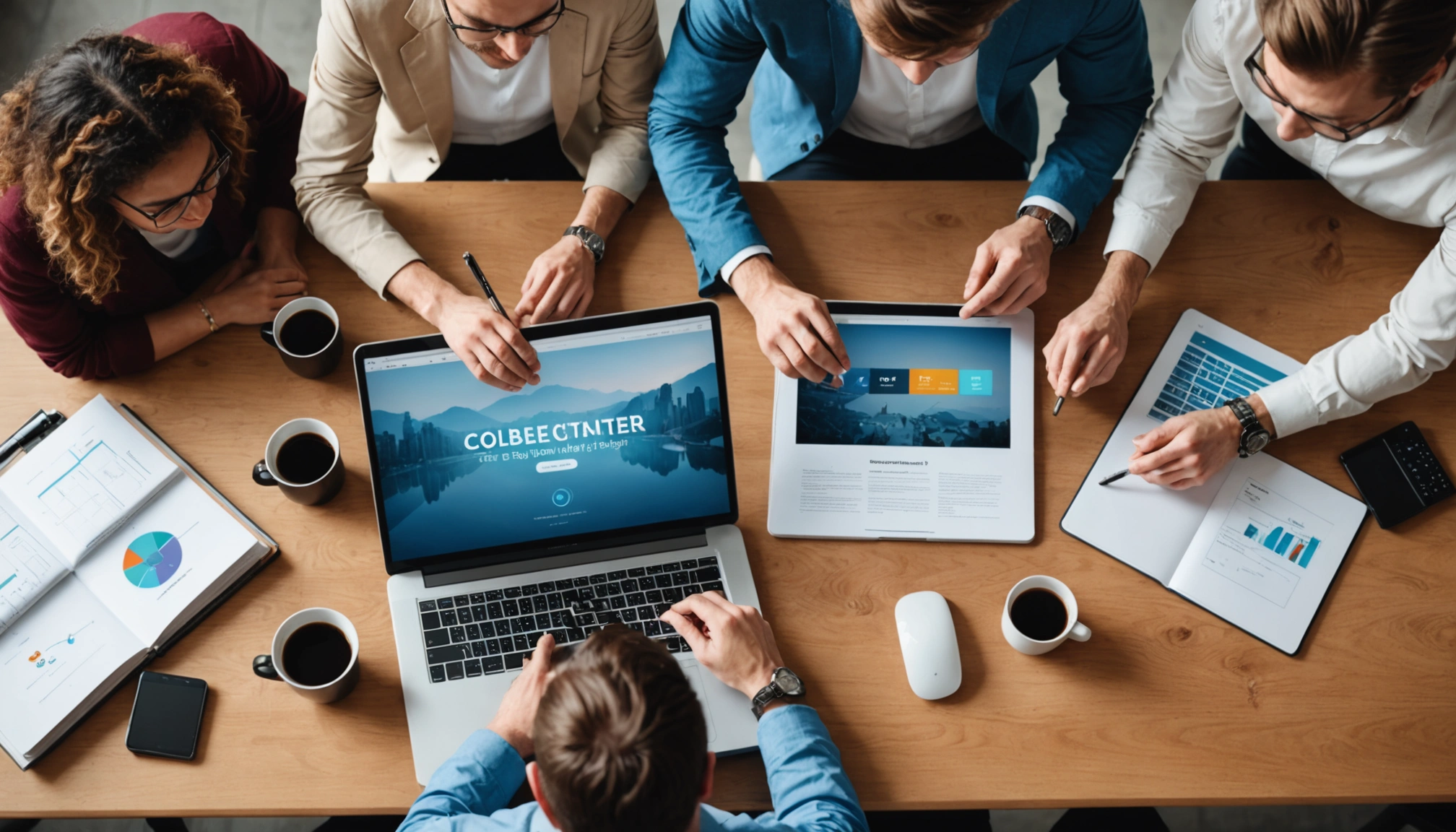 Eye-level view of a team collaborating on a website design