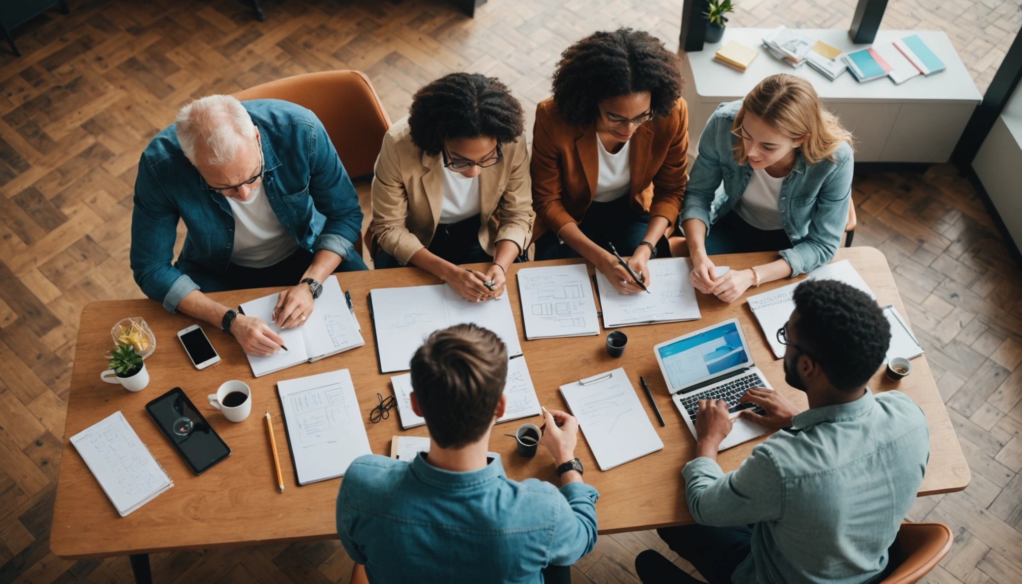 High angle view of a diverse group of designers brainstorming