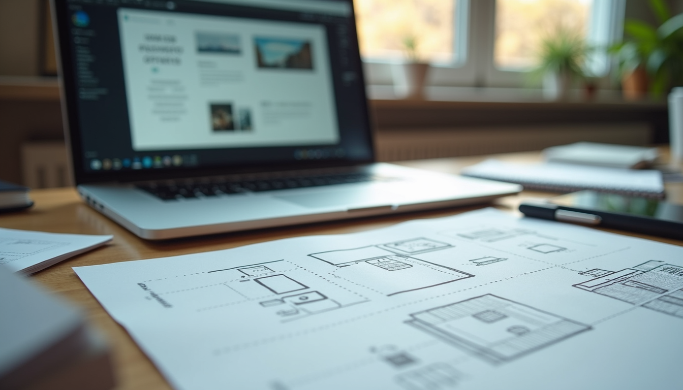 Close-up view of a designer’s desk with sketches and a laptop showing website wireframes