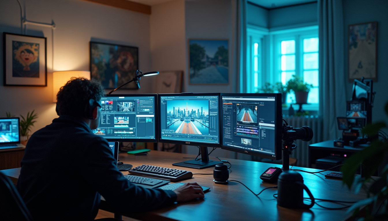 High angle view of a film editing room with AI software