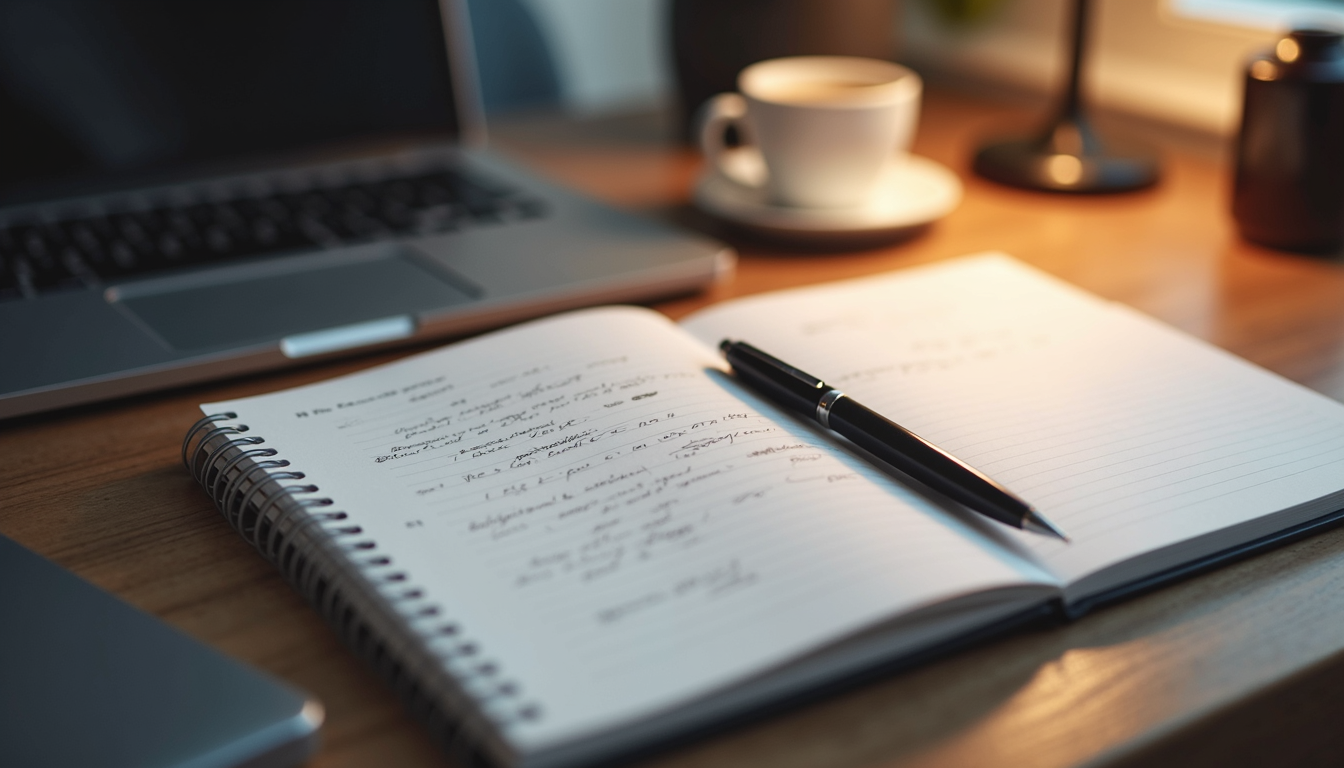 High angle view of a stylish office desk with a notebook and pen
