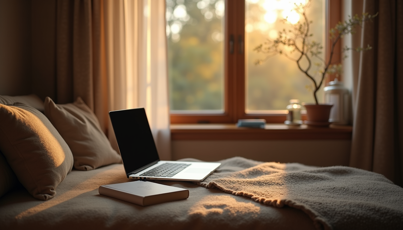 High angle view of a cozy reading nook with books and a laptop