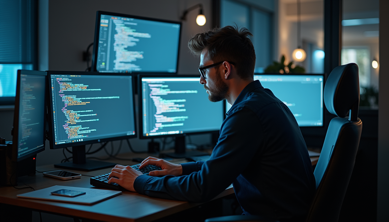 High angle view of a developer working on code with multiple screens displaying website analytics