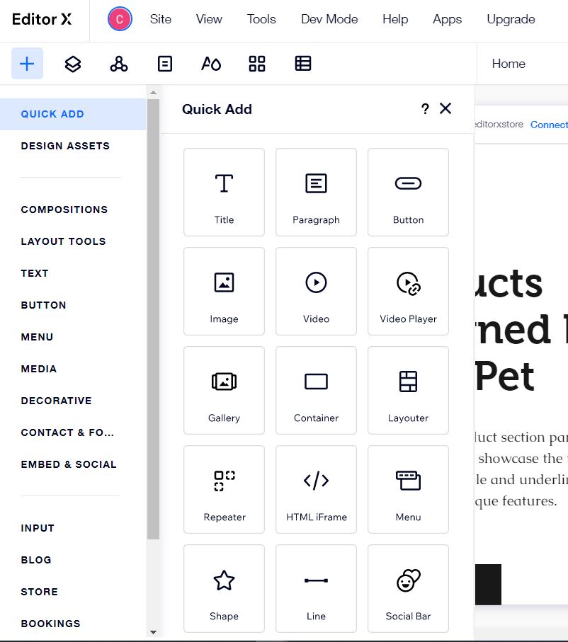 WIX Editor X Add Panel