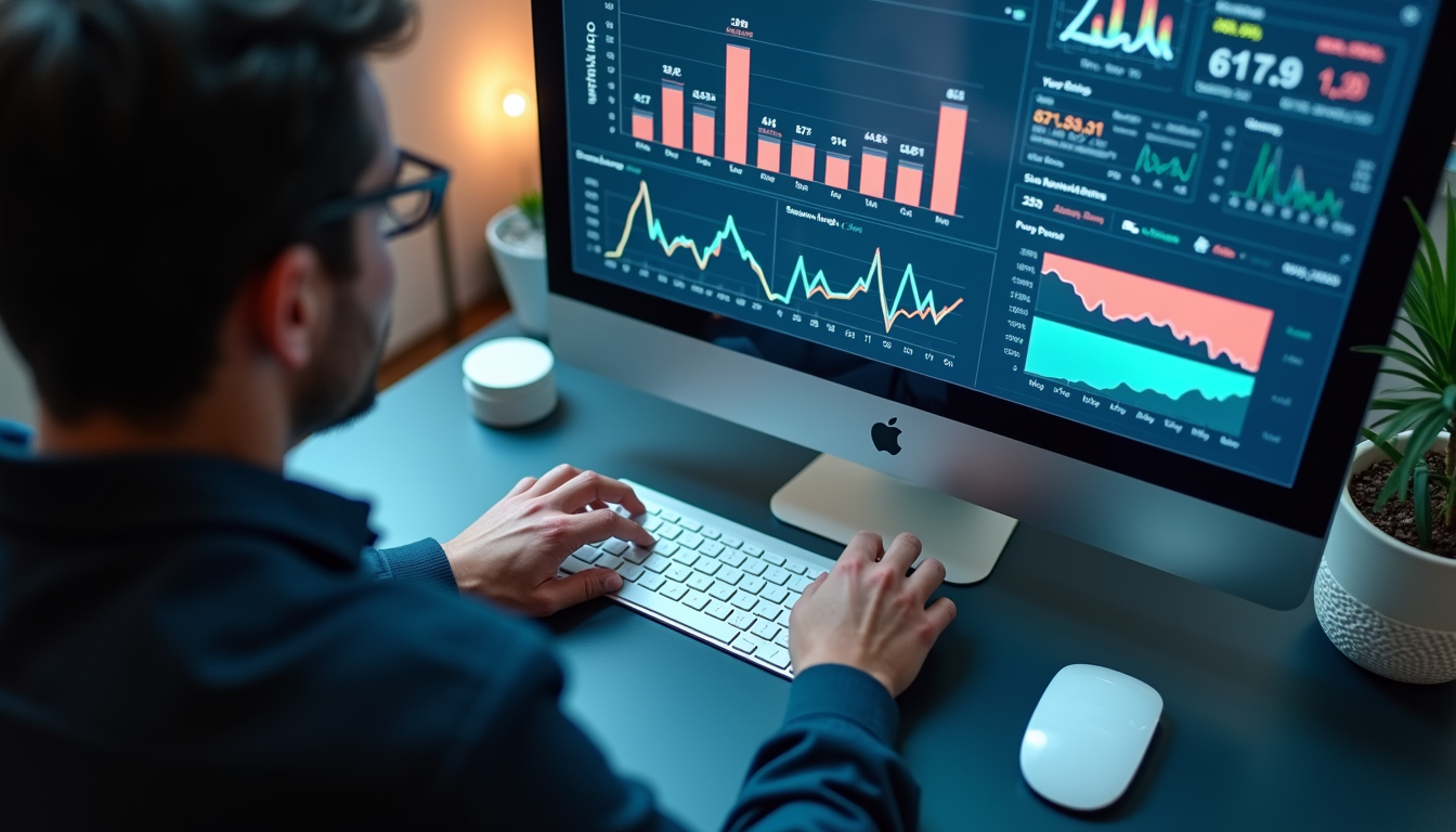 High angle view of a digital marketing team analyzing website analytics on a large screen