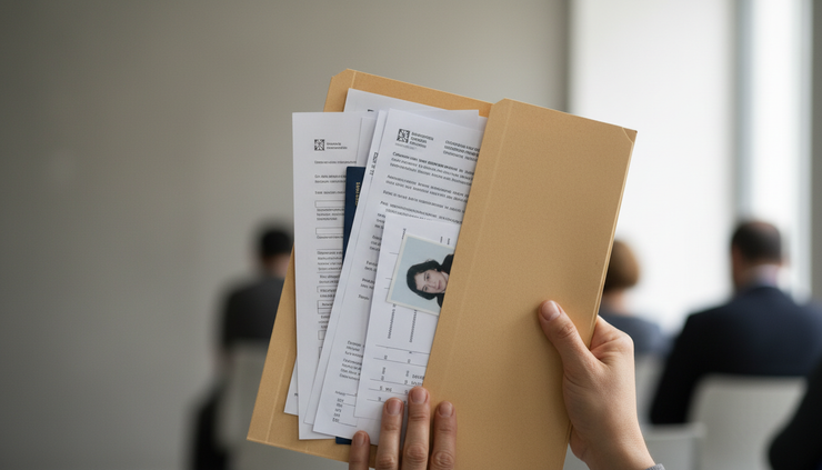 Close-up of a folder with personal documents and appointment papers held in a public service waiting area