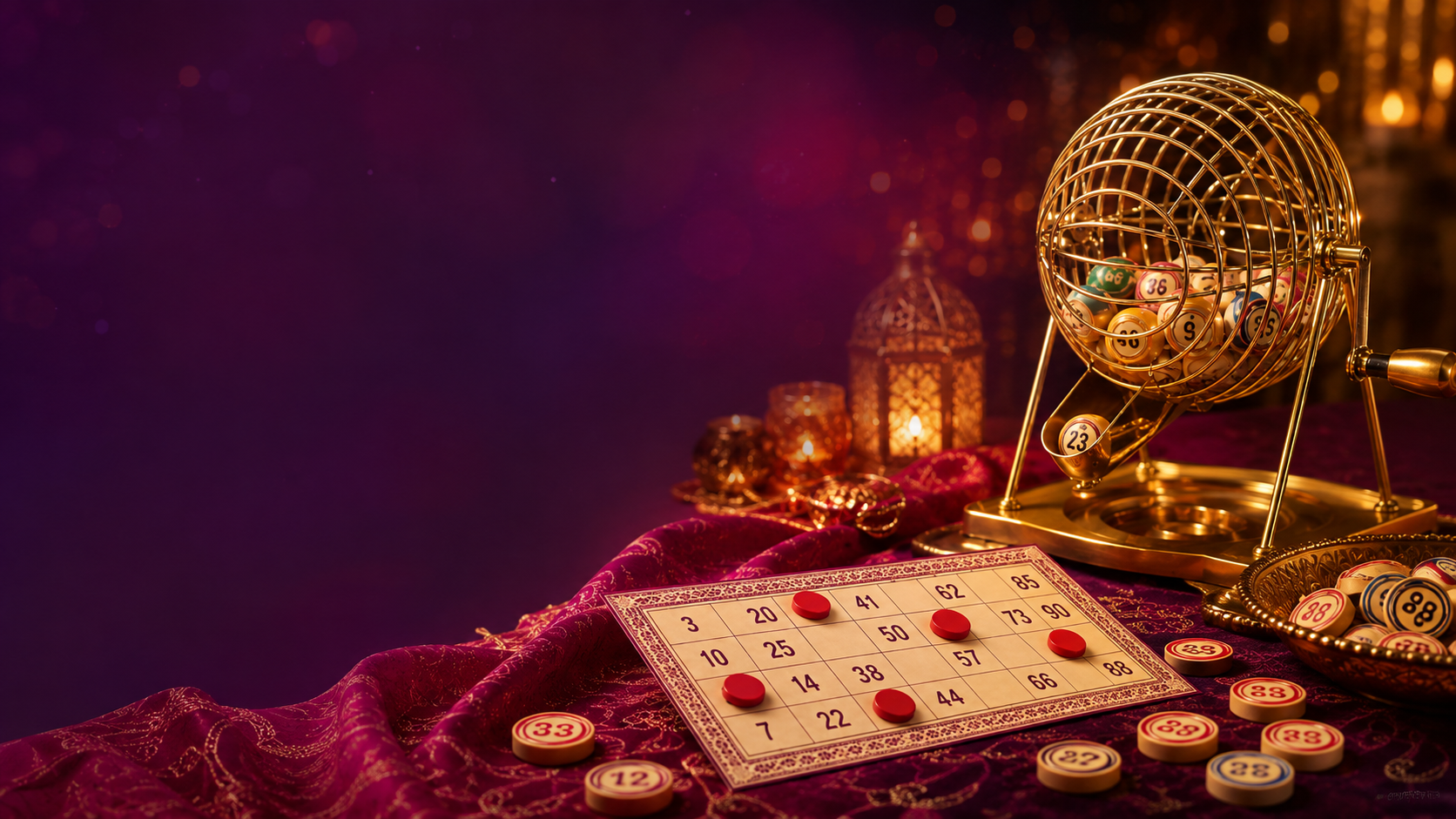 Tambola tickets and a golden number-drawing cage on a rich purple background