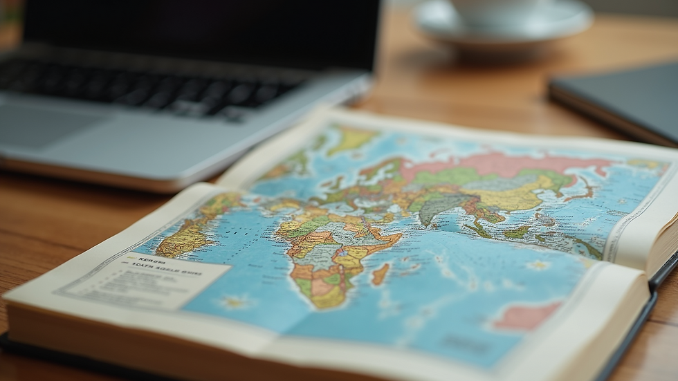 Close-up of a travel guidebook on a table with a laptop