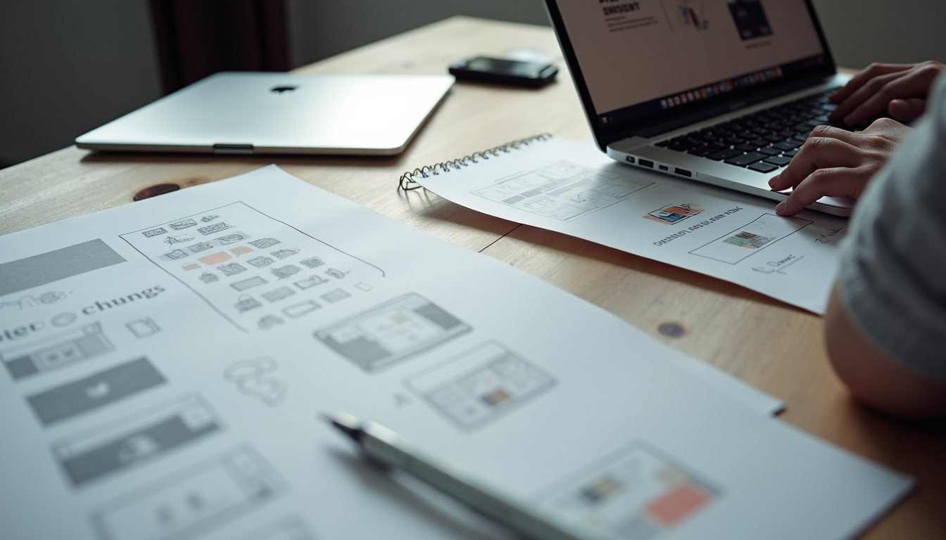 Close-up view of a designer’s desk with sketches and a laptop showing website wireframes