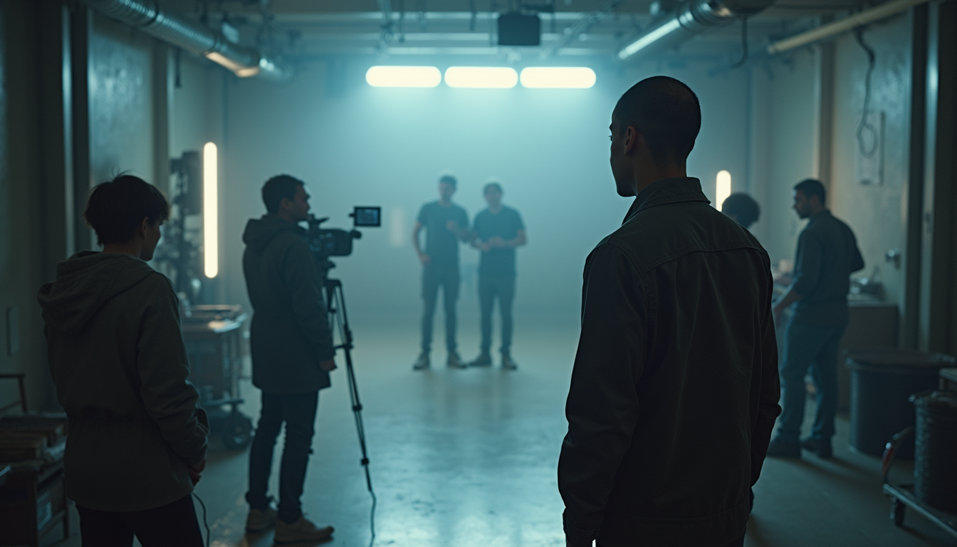 High angle view of a film set with AI-driven robotic camera equipment