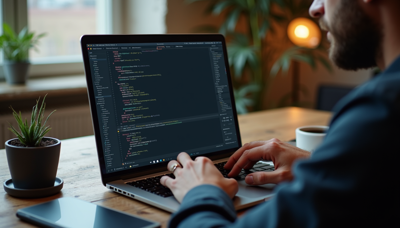 High angle view of a developer coding on a laptop with Wix Studio interface on screen