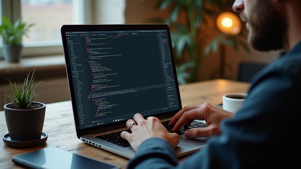 High angle view of a developer coding on a laptop with Wix Studio interface on screen