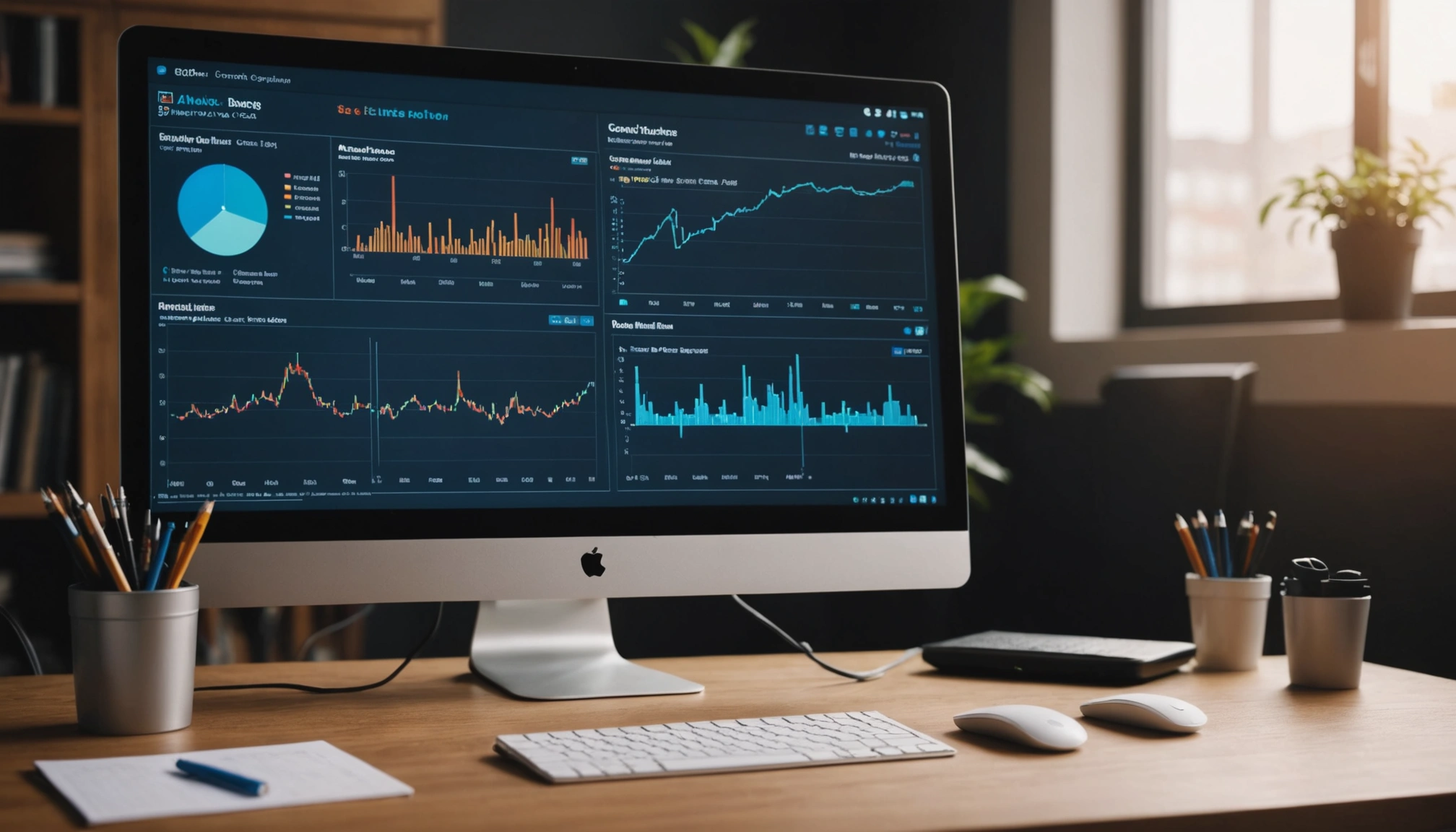Eye-level view of a close-up of a computer screen with analytics and SEO tools