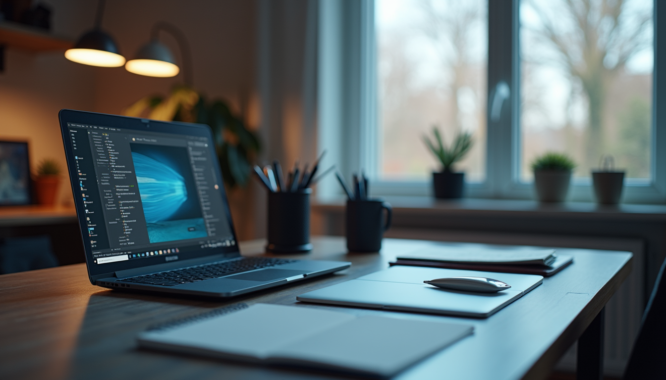 Close-up view of a futuristic writing desk with a laptop and creative tools