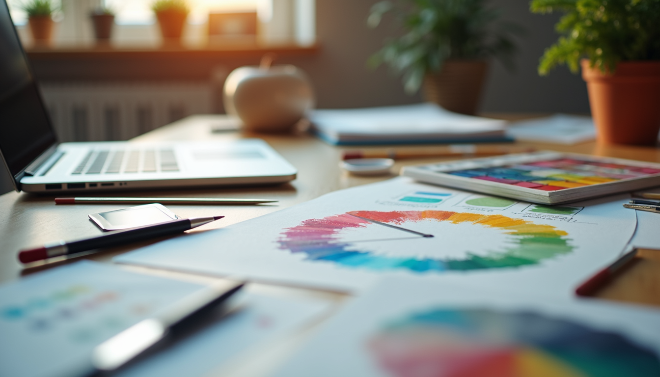 Close-up view of a designer's workspace surrounded by color palettes and design tools