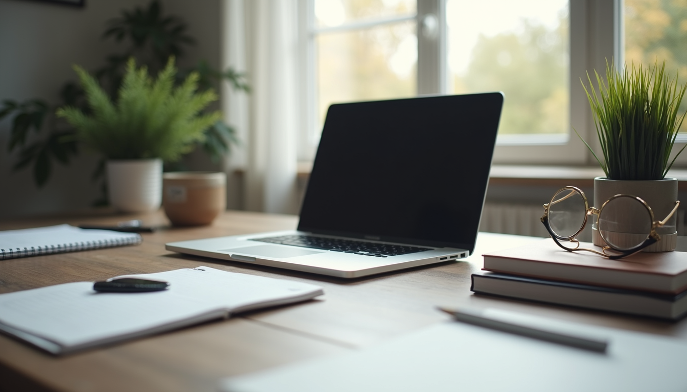 Close-up view of a well-organized desktop workspace with a laptop and minimalistic accessories