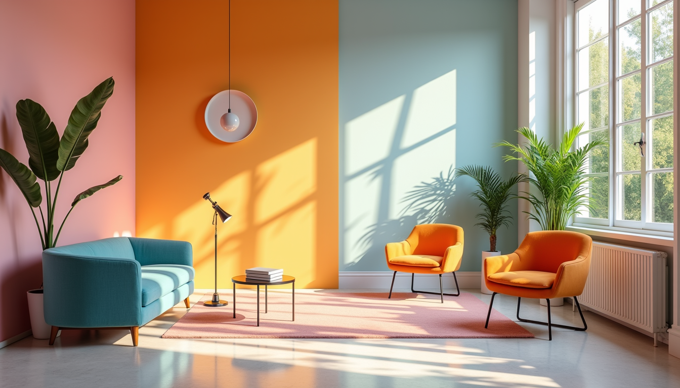 Eye-level view of a creative workspace with colorful design elements