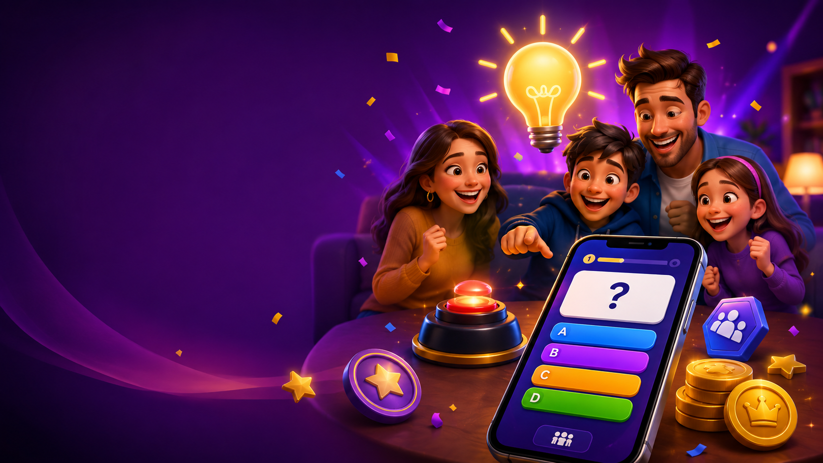 Family celebrating a mobile multiple-choice quiz together