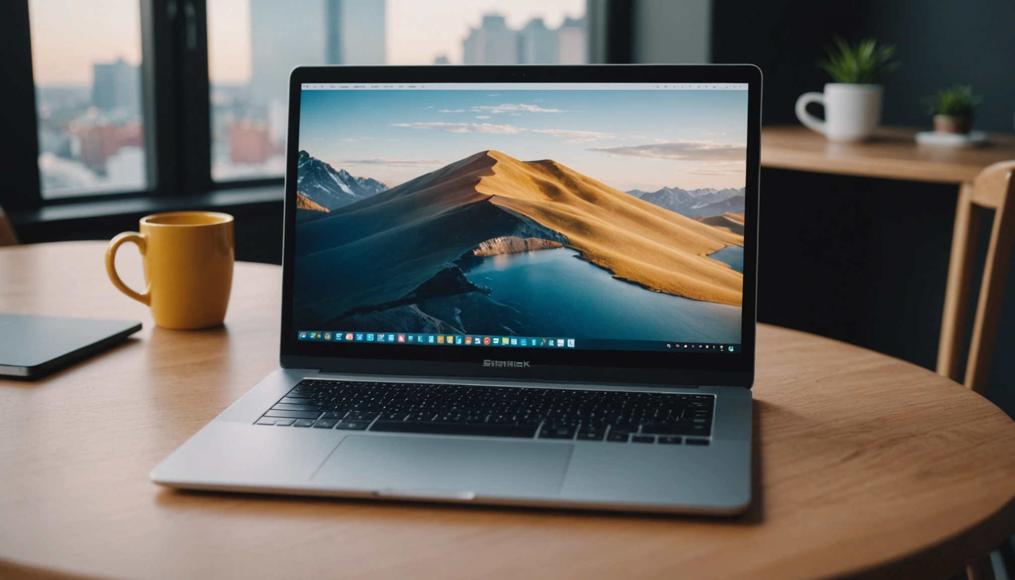 Close-up view of a sleek laptop on a minimalistic table