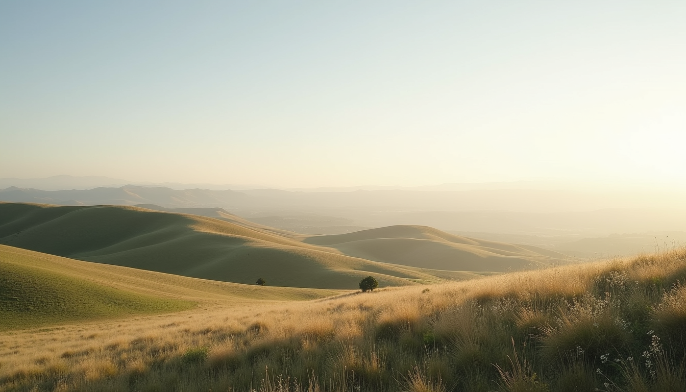 Wide angle view of a serene landscape with rolling hills