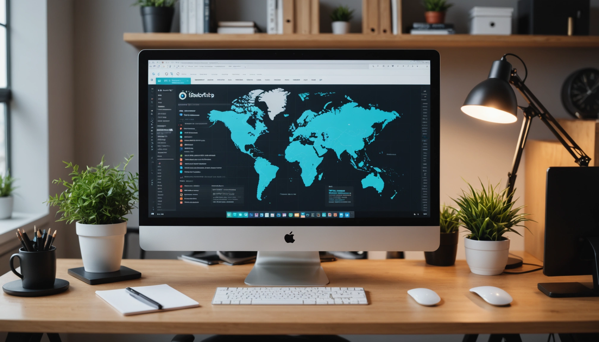 Eye-level view of a modern workspace setup with a computer displaying website design