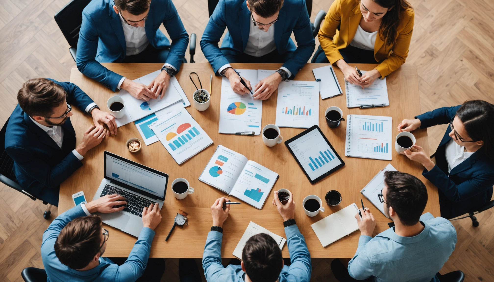 High angle view of a digital marketing team brainstorming ideas