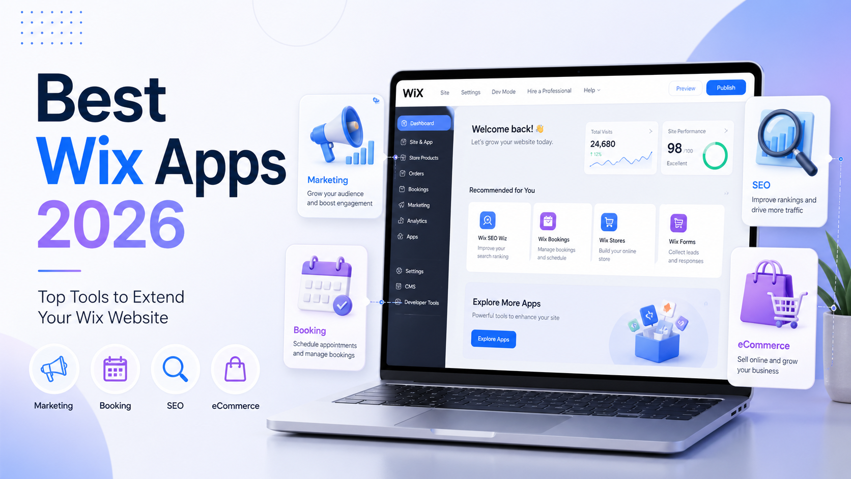 Best Wix Apps 2026 showing marketing, booking, SEO, and eCommerce tools for a Wix website